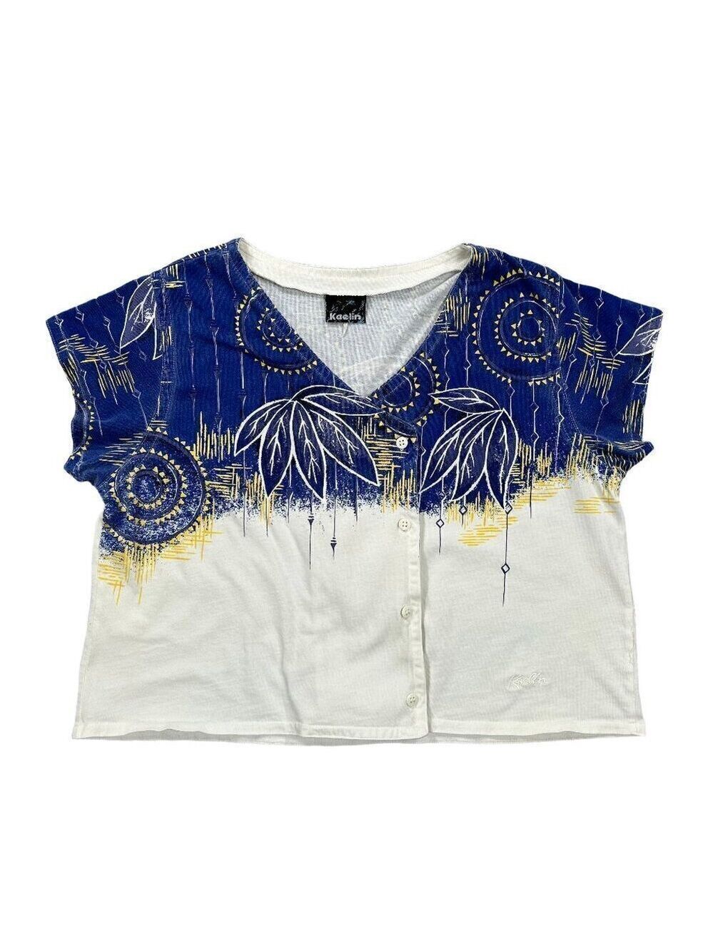 Kaelin Vintage Boxy Novelty Blue White Cotton Blouse Top Size L